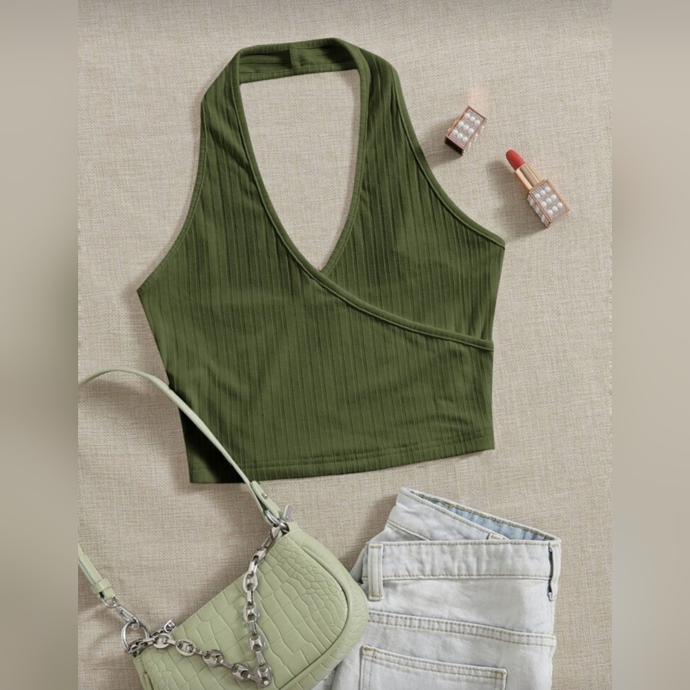 SHEIN Green Ribbed Crossover Sleeveless Top, perfect for summer V-neck knit XL